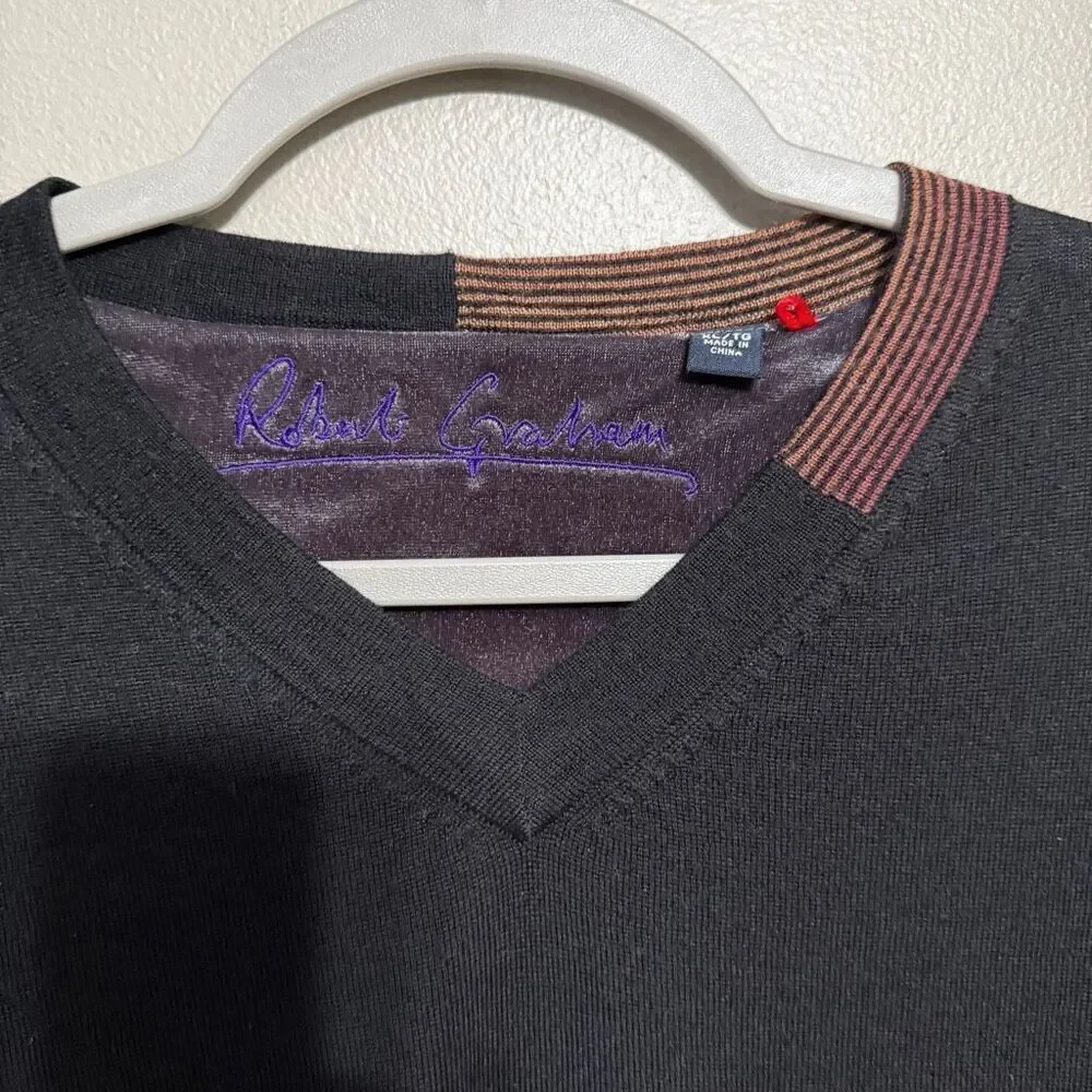 Robert Graham Wool V Neck Pullover Sweater Fitted black size XL